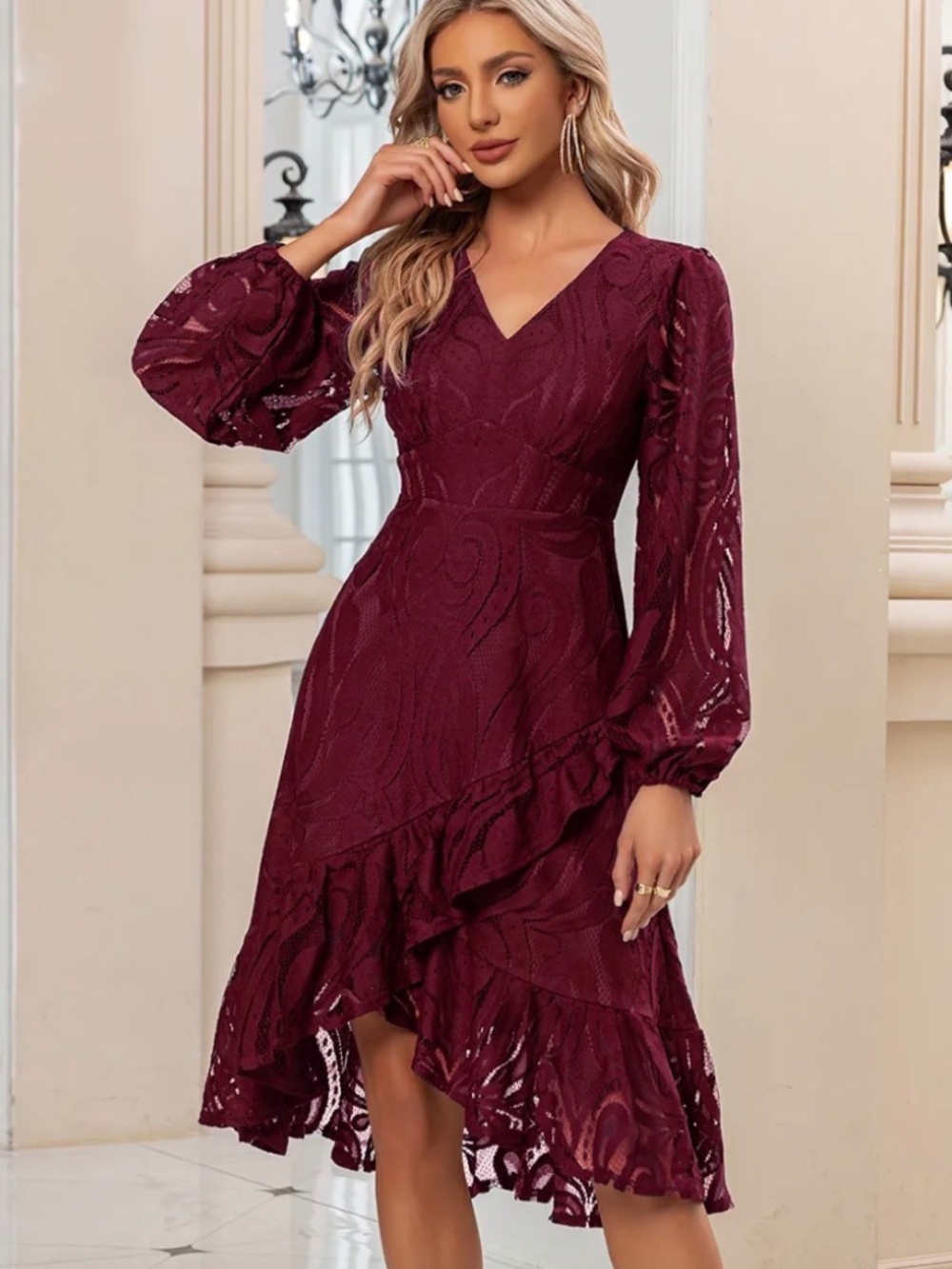 JJ’s‎ House Fadelma Maroon Lace Midi Dress NWT Medium Long Sleeve Ruffle